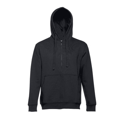 THC AMSTERDAM promotional hoodie in black (detail view) with custom logo branding