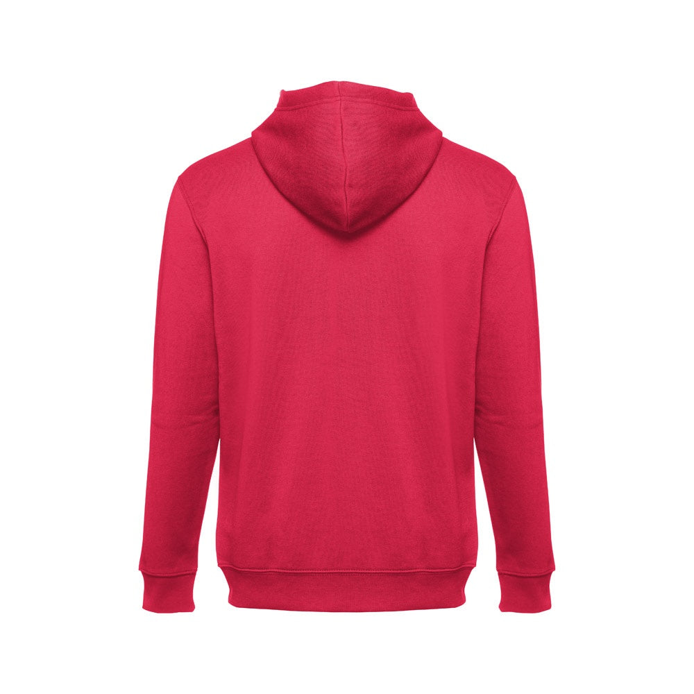 THC AMSTERDAM promotional hoodie in red (detail view) with custom logo branding