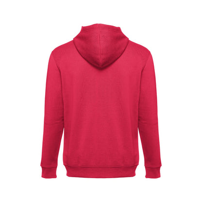 THC AMSTERDAM promotional hoodie in red (detail view) with custom logo branding