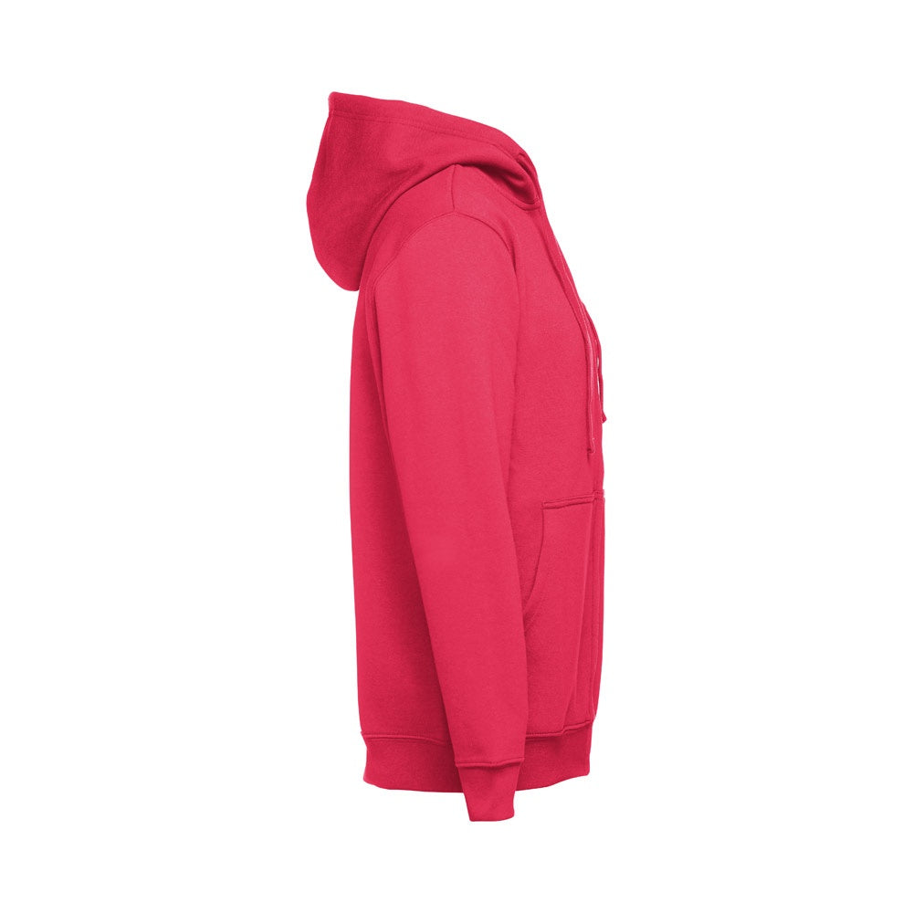 THC AMSTERDAM promotional hoodie in red (detail view) with custom logo branding