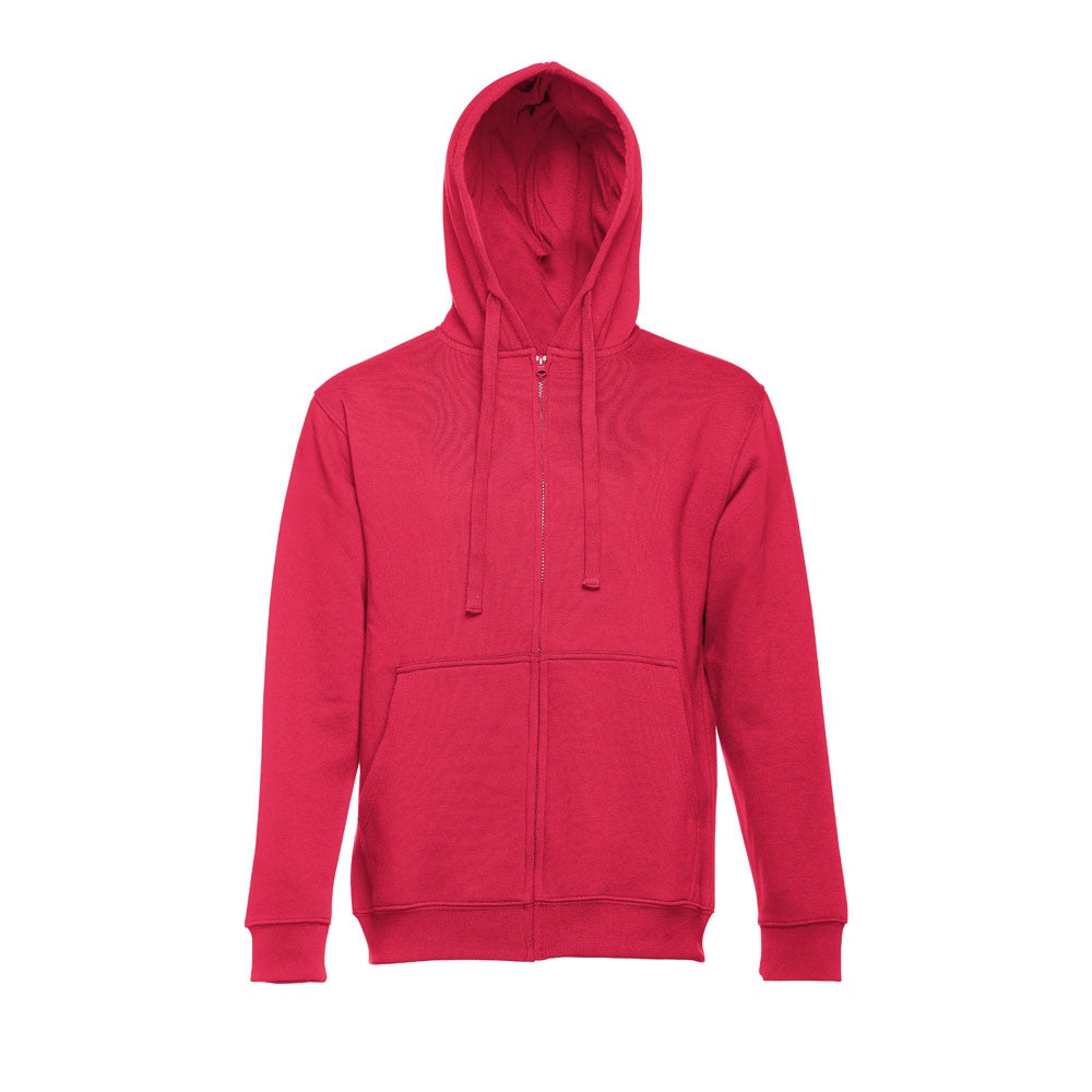 THC AMSTERDAM promotional hoodie in red (detail view) with custom logo branding