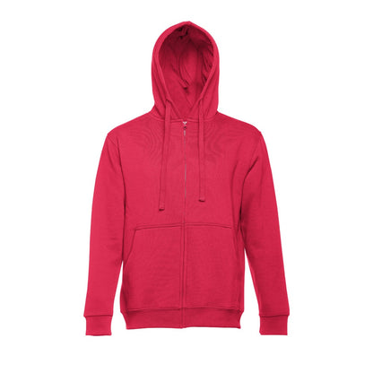 THC AMSTERDAM promotional hoodie in red (detail view) with custom logo branding