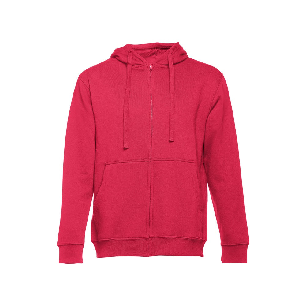 THC AMSTERDAM promotional hoodie in red with custom logo branding