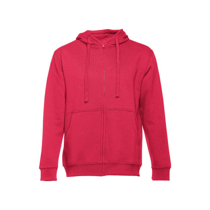 THC AMSTERDAM promotional hoodie in red with custom logo branding