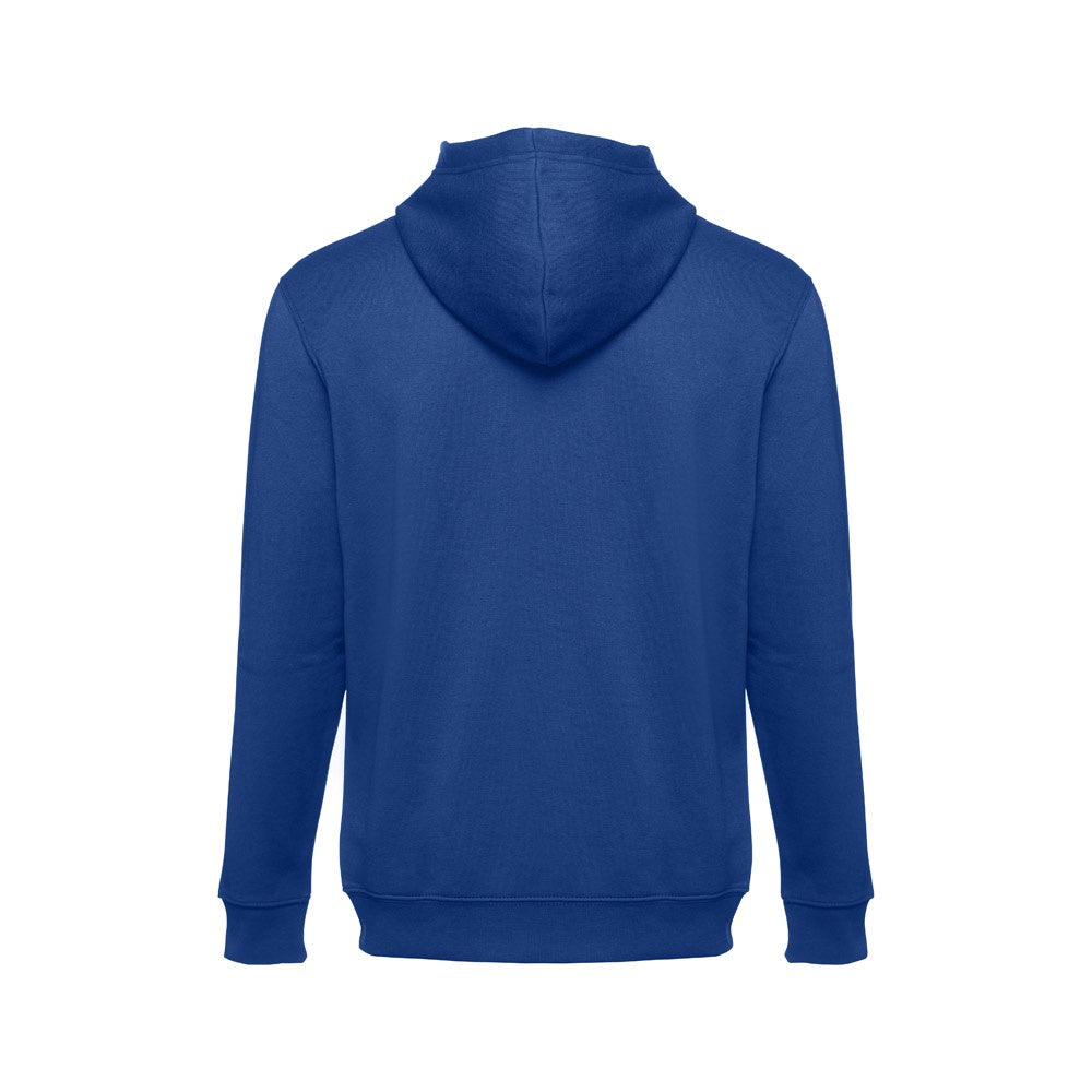 THC AMSTERDAM promotional hoodie in royal blue (detail view) with custom logo branding