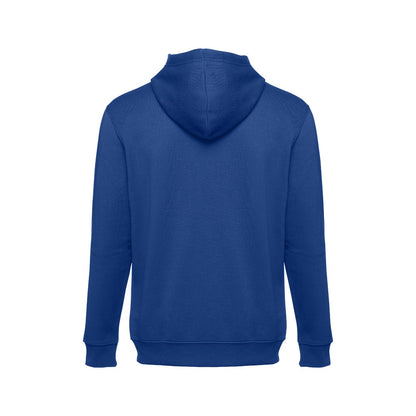 THC AMSTERDAM promotional hoodie in royal blue (detail view) with custom logo branding