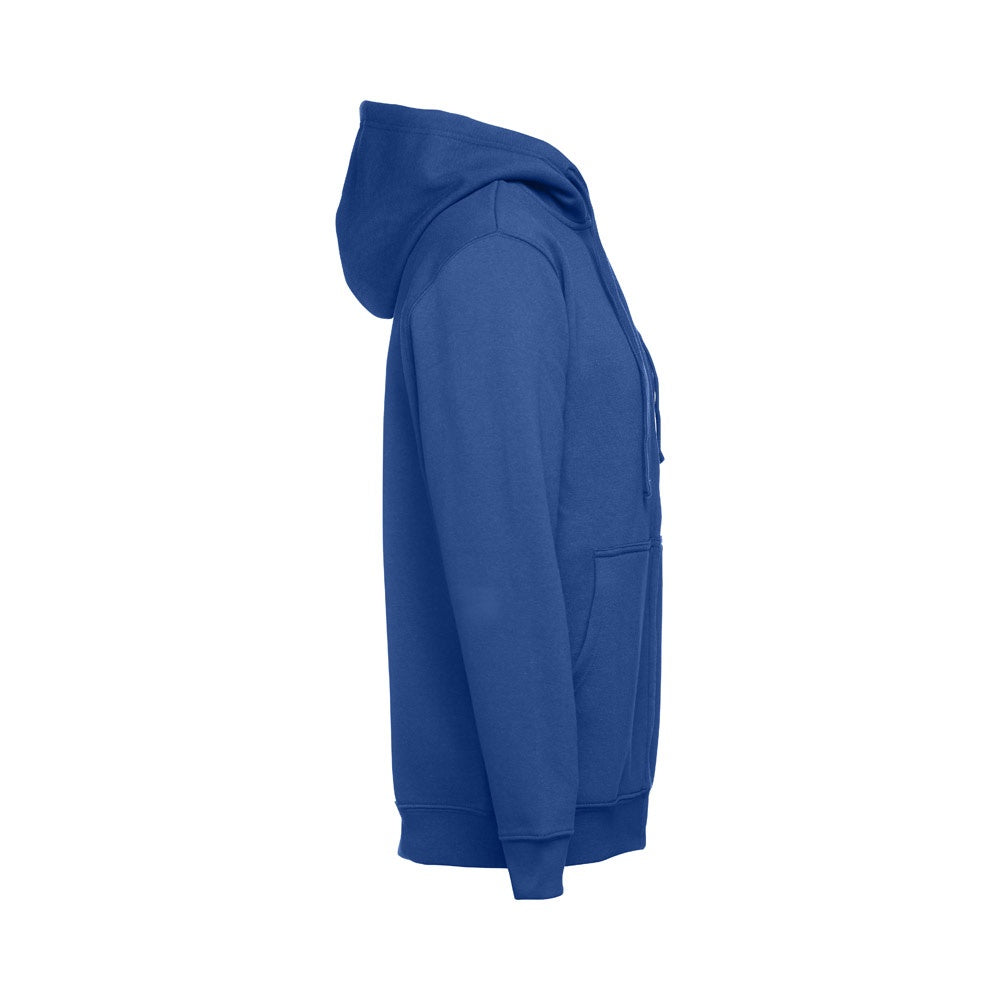 THC AMSTERDAM promotional hoodie in royal blue (detail view) with custom logo branding