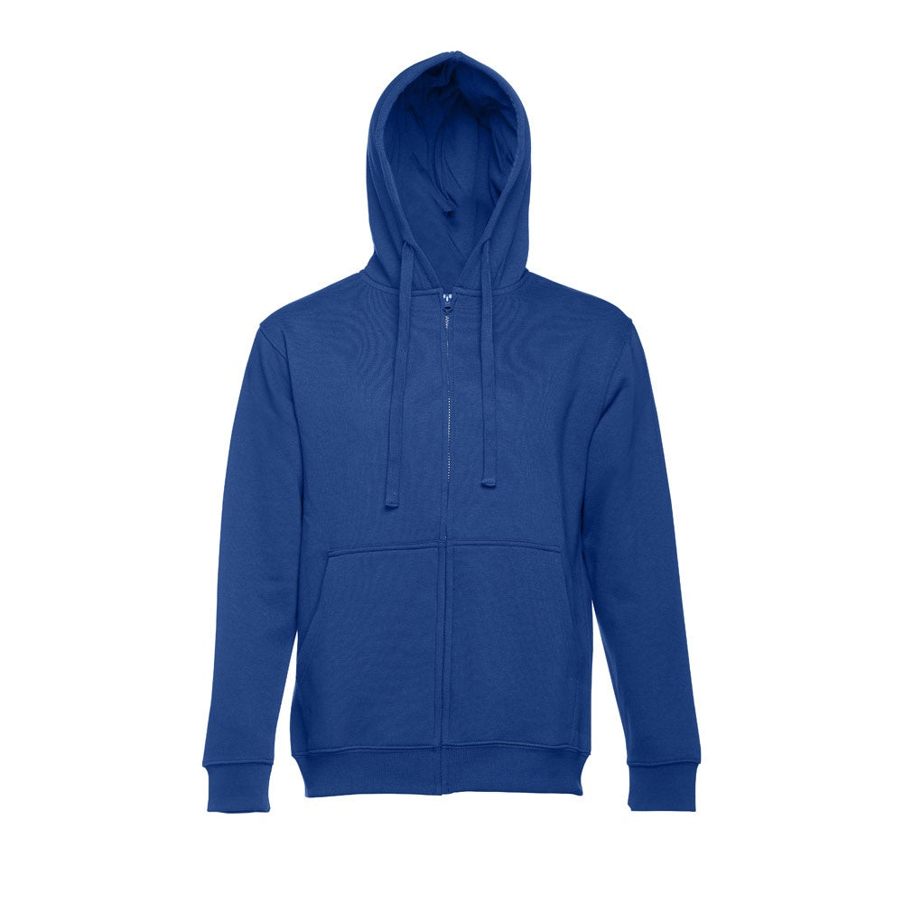 THC AMSTERDAM promotional hoodie in royal blue (detail view) with custom logo branding