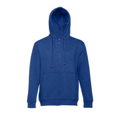 THC AMSTERDAM promotional hoodie in royal blue (detail view) with custom logo branding