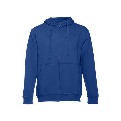 THC AMSTERDAM promotional hoodie in royal blue with custom logo branding
