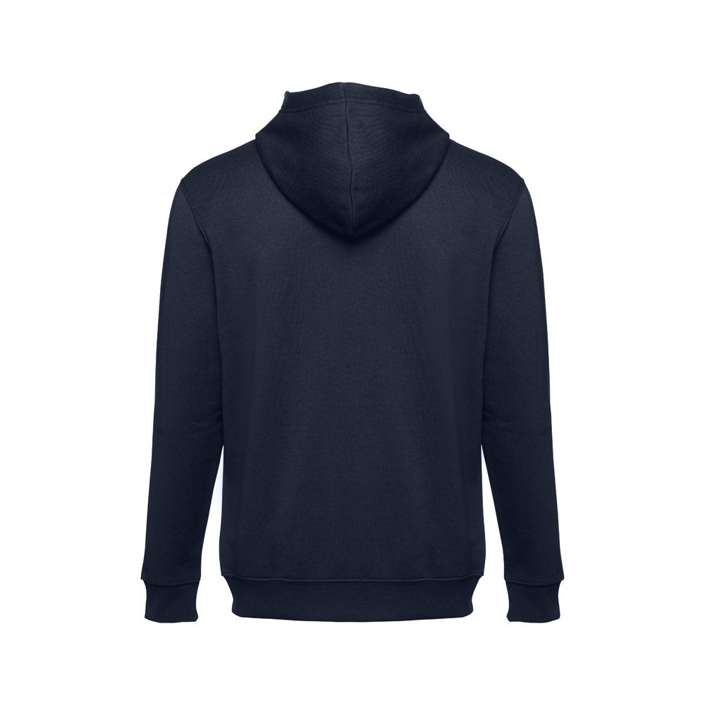 THC AMSTERDAM promotional hoodie in navy blue (detail view) with custom logo branding