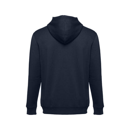 THC AMSTERDAM promotional hoodie in navy blue (detail view) with custom logo branding