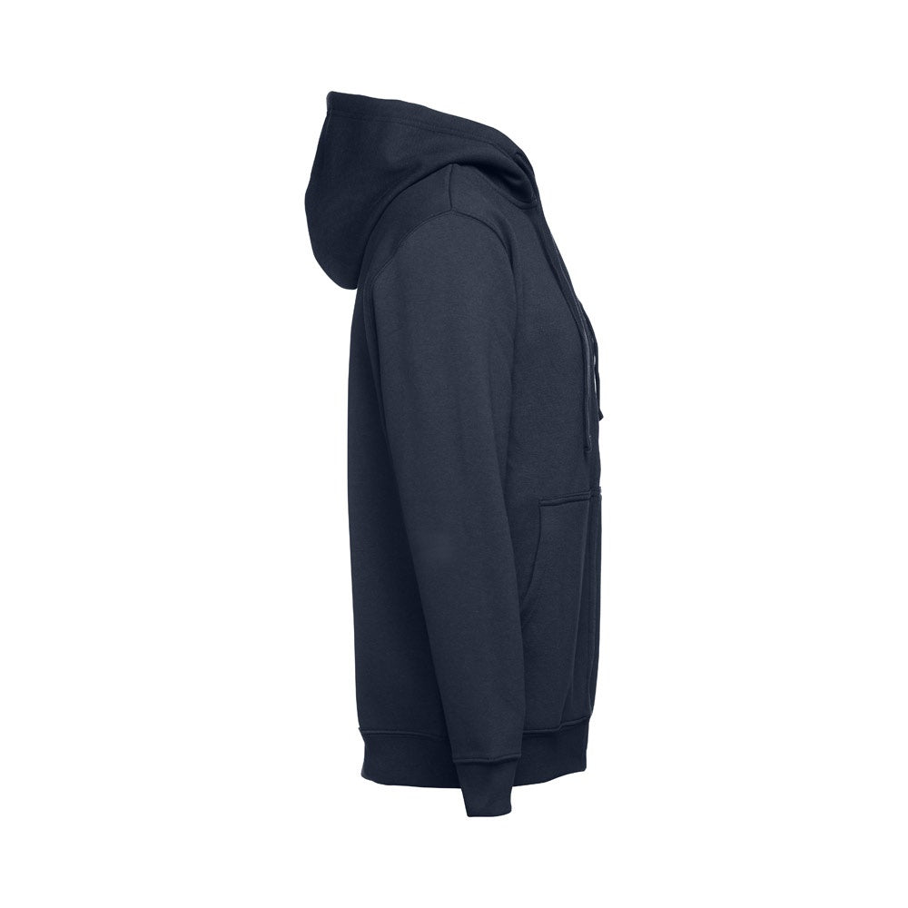 THC AMSTERDAM promotional hoodie in navy blue (detail view) with custom logo branding