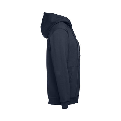 THC AMSTERDAM promotional hoodie in navy blue (detail view) with custom logo branding