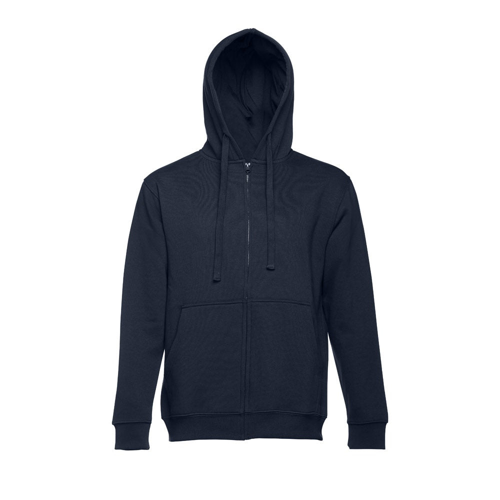 THC AMSTERDAM promotional hoodie in navy blue (detail view) with custom logo branding