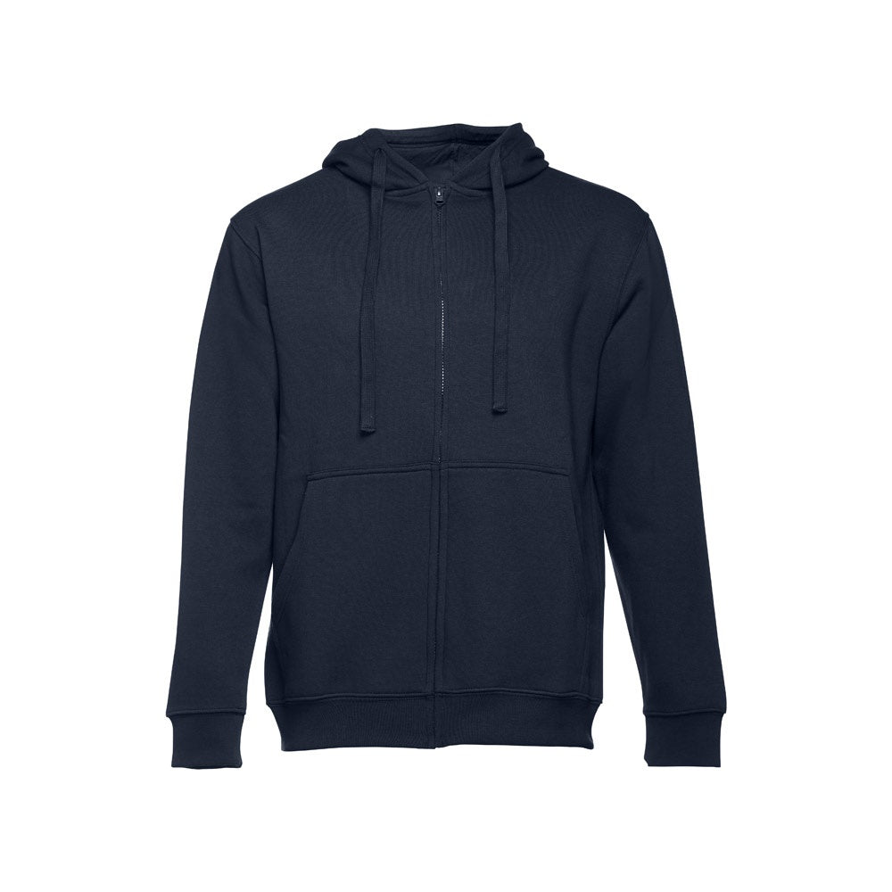 THC AMSTERDAM promotional hoodie in navy blue with custom logo branding