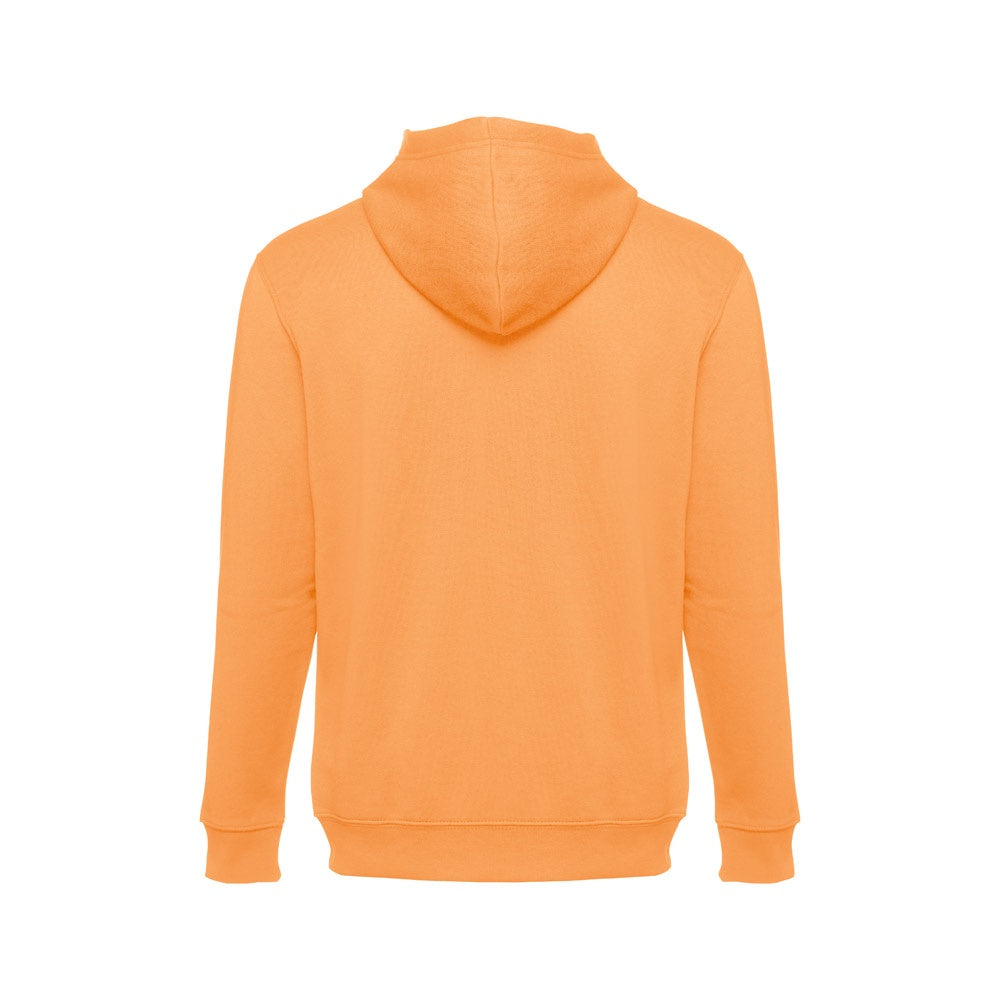 THC AMSTERDAM promotional hoodie in coral orange (detail view) with custom logo branding