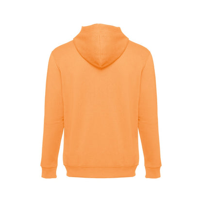 THC AMSTERDAM promotional hoodie in coral orange (detail view) with custom logo branding