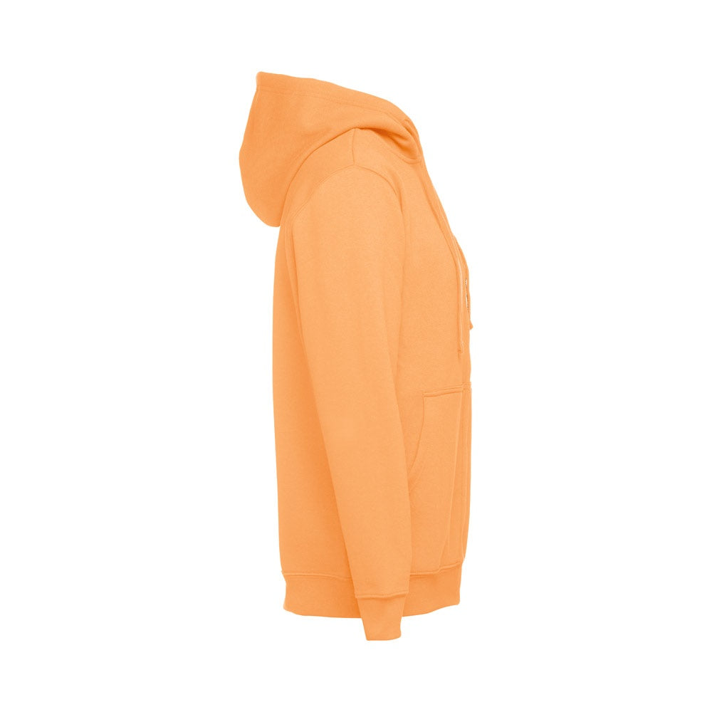 THC AMSTERDAM promotional hoodie in coral orange (detail view) with custom logo branding