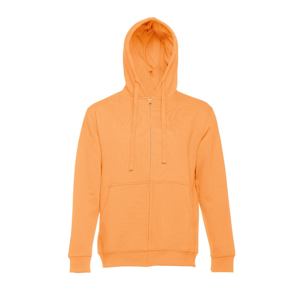 THC AMSTERDAM promotional hoodie in coral orange (detail view) with custom logo branding
