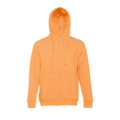 THC AMSTERDAM promotional hoodie in coral orange (detail view) with custom logo branding