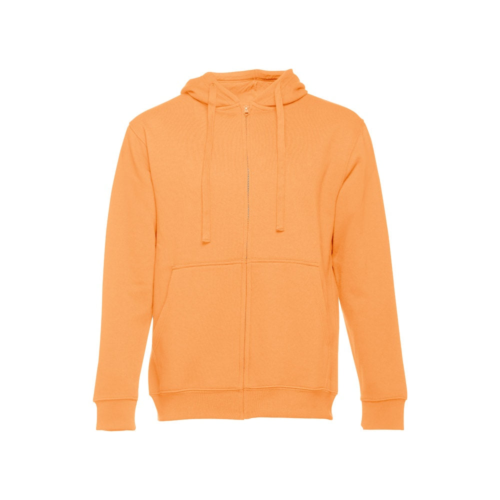 THC AMSTERDAM promotional hoodie in coral orange with custom logo branding