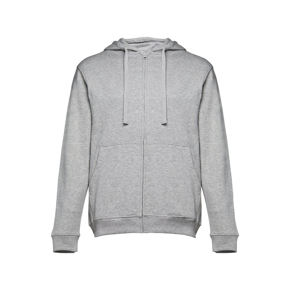 THC AMSTERDAM promotional hoodie in heather light grey (detail view) with custom logo branding
