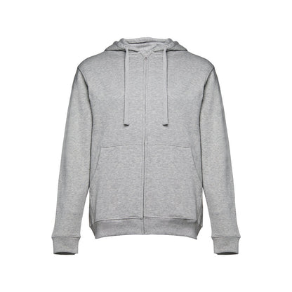 THC AMSTERDAM promotional hoodie in heather light grey (detail view) with custom logo branding