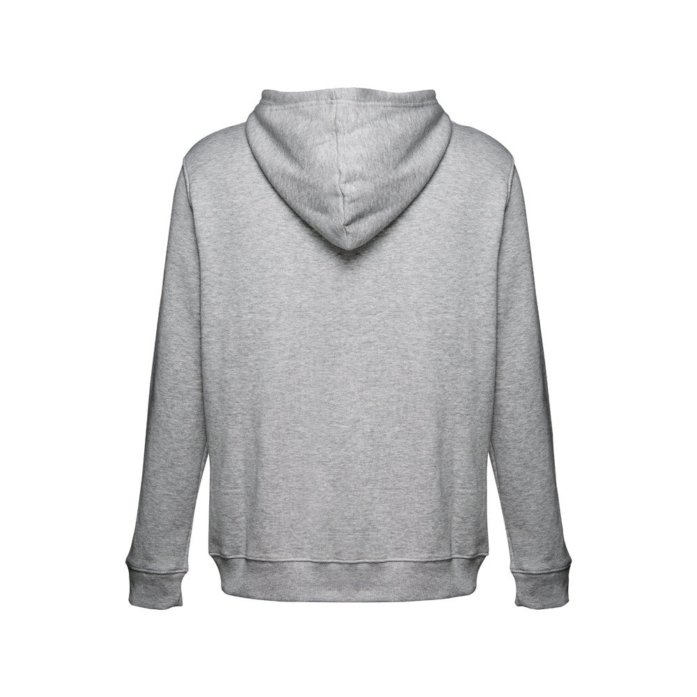 THC AMSTERDAM promotional hoodie in heather light grey (detail view) with custom logo branding