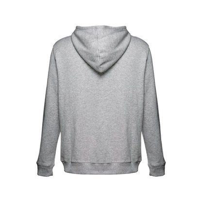 THC AMSTERDAM promotional hoodie in heather light grey (detail view) with custom logo branding
