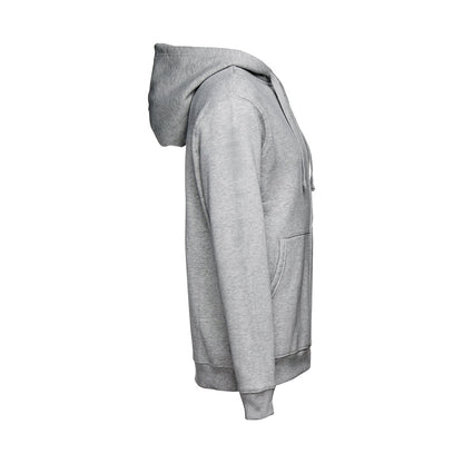 THC AMSTERDAM promotional hoodie in heather light grey (detail view) with custom logo branding