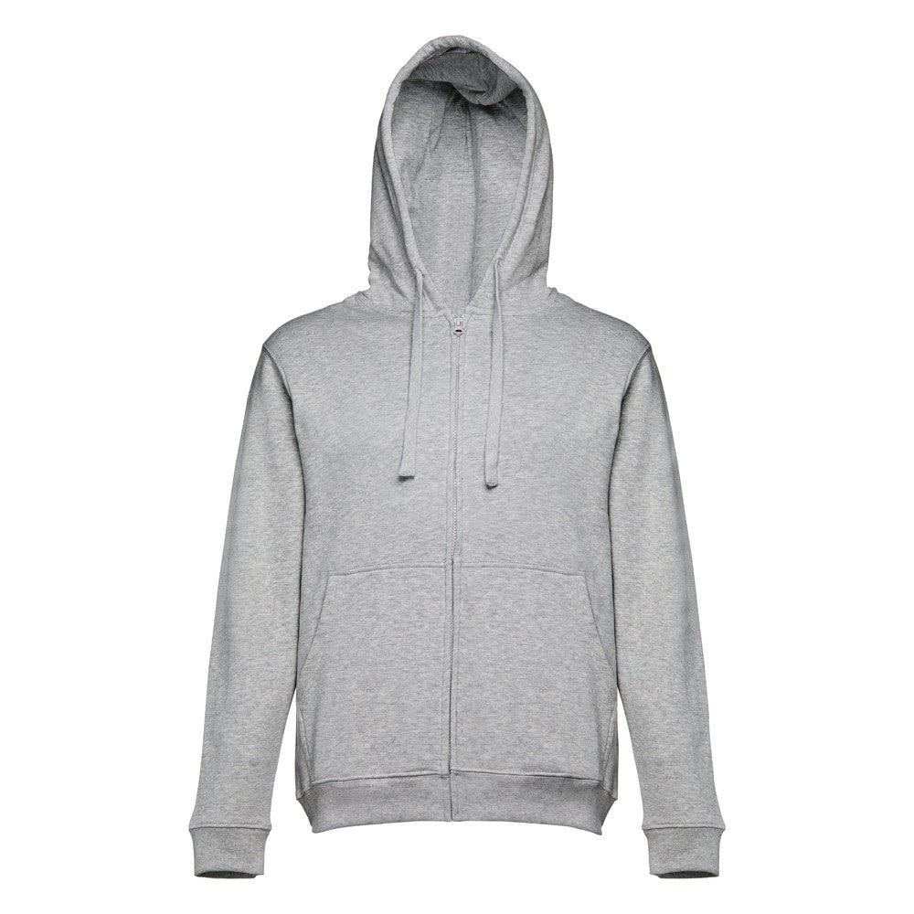 THC AMSTERDAM promotional hoodie in heather light grey (detail view) with custom logo branding