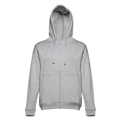 THC AMSTERDAM promotional hoodie in heather light grey (detail view) with custom logo branding