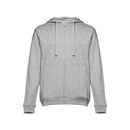 THC AMSTERDAM promotional hoodie in heather light grey with custom logo branding