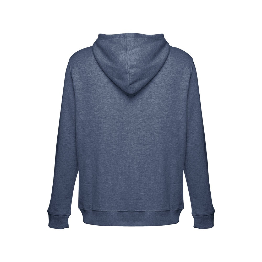 THC AMSTERDAM promotional hoodie in heather blue (detail view) with custom logo branding