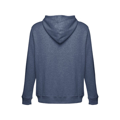 THC AMSTERDAM promotional hoodie in heather blue (detail view) with custom logo branding