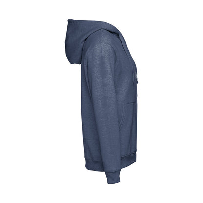 THC AMSTERDAM promotional hoodie in heather blue (detail view) with custom logo branding