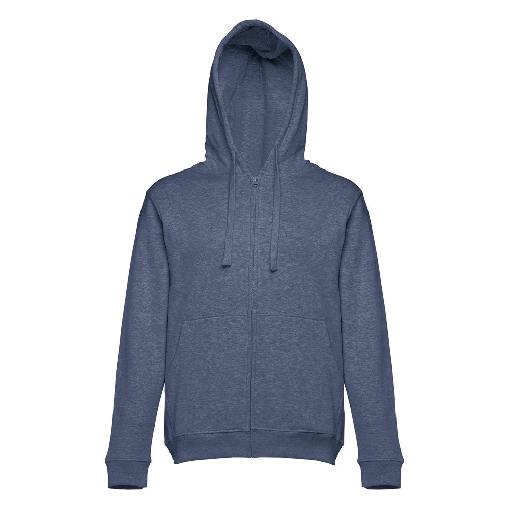 THC AMSTERDAM promotional hoodie in heather blue (detail view) with custom logo branding