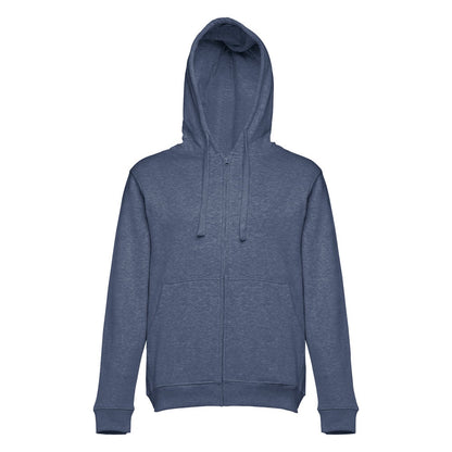 THC AMSTERDAM promotional hoodie in heather blue (detail view) with custom logo branding