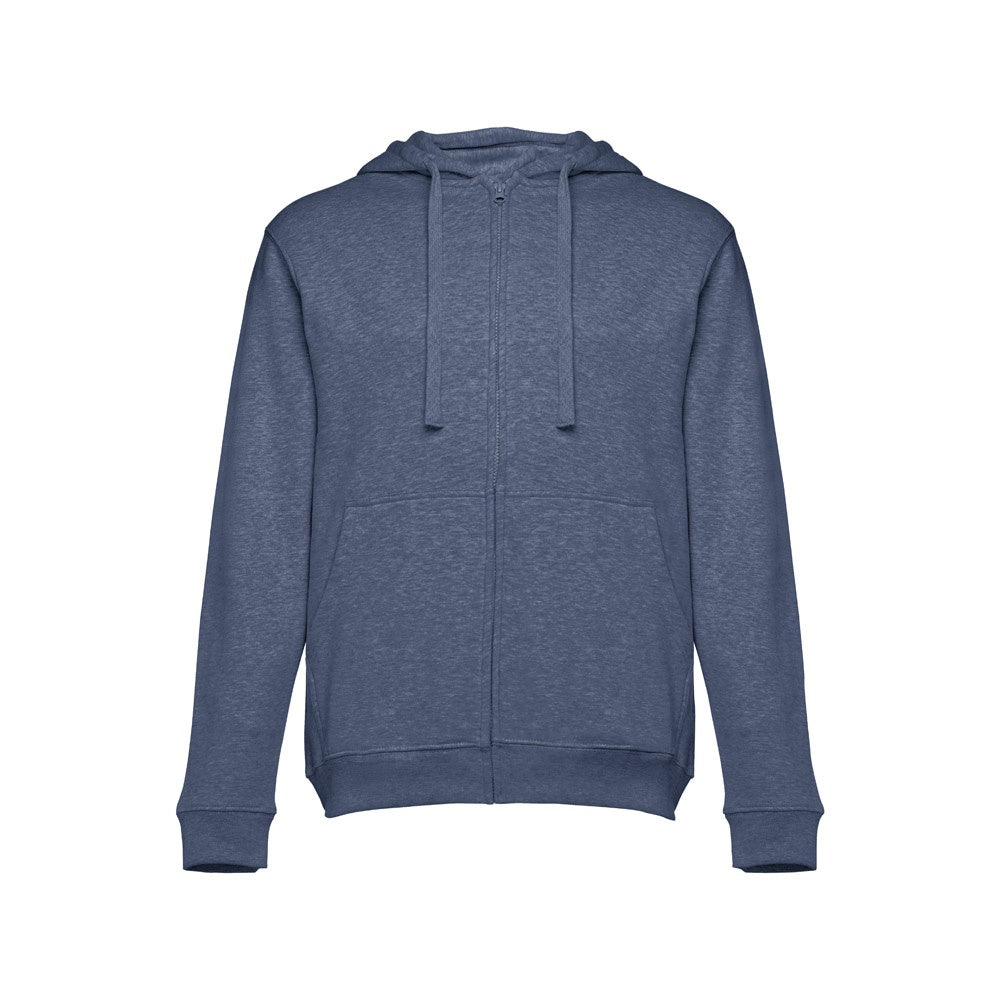 THC AMSTERDAM promotional hoodie in heather blue with custom logo branding