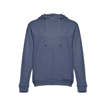 THC AMSTERDAM promotional hoodie in heather blue with custom logo branding