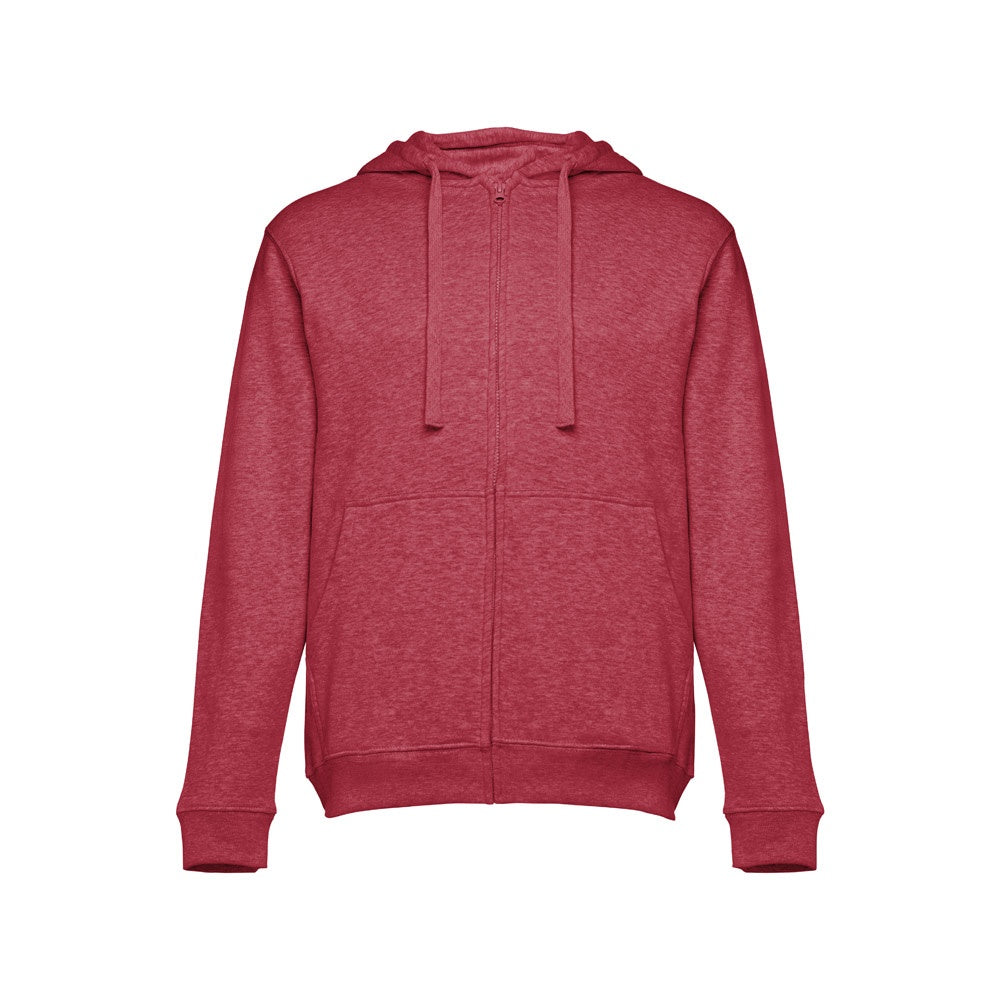 THC AMSTERDAM promotional hoodie in heather red (detail view) with custom logo branding
