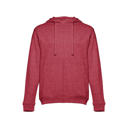 THC AMSTERDAM promotional hoodie in heather red (detail view) with custom logo branding