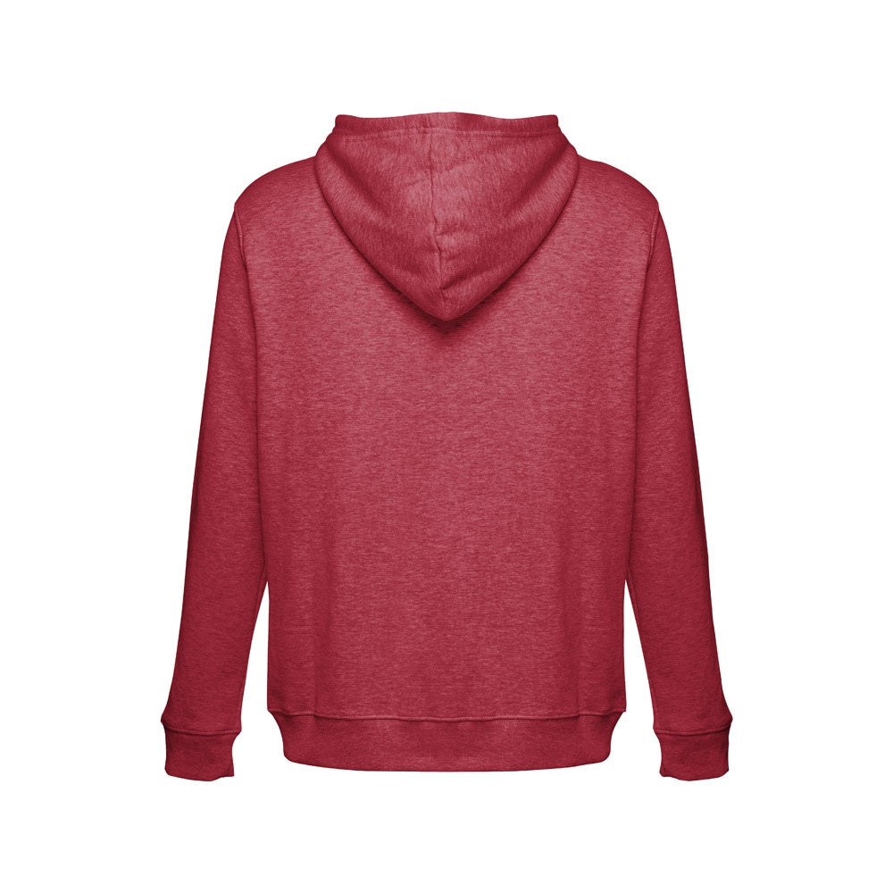 THC AMSTERDAM promotional hoodie in heather red (detail view) with custom logo branding
