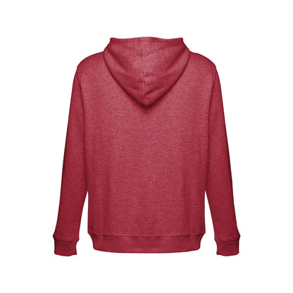 THC AMSTERDAM promotional hoodie in heather red (detail view) with custom logo branding