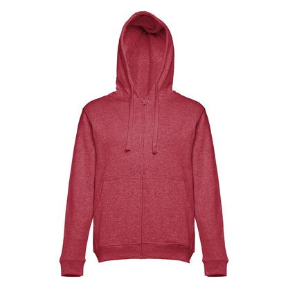 THC AMSTERDAM promotional hoodie in heather red (detail view) with custom logo branding