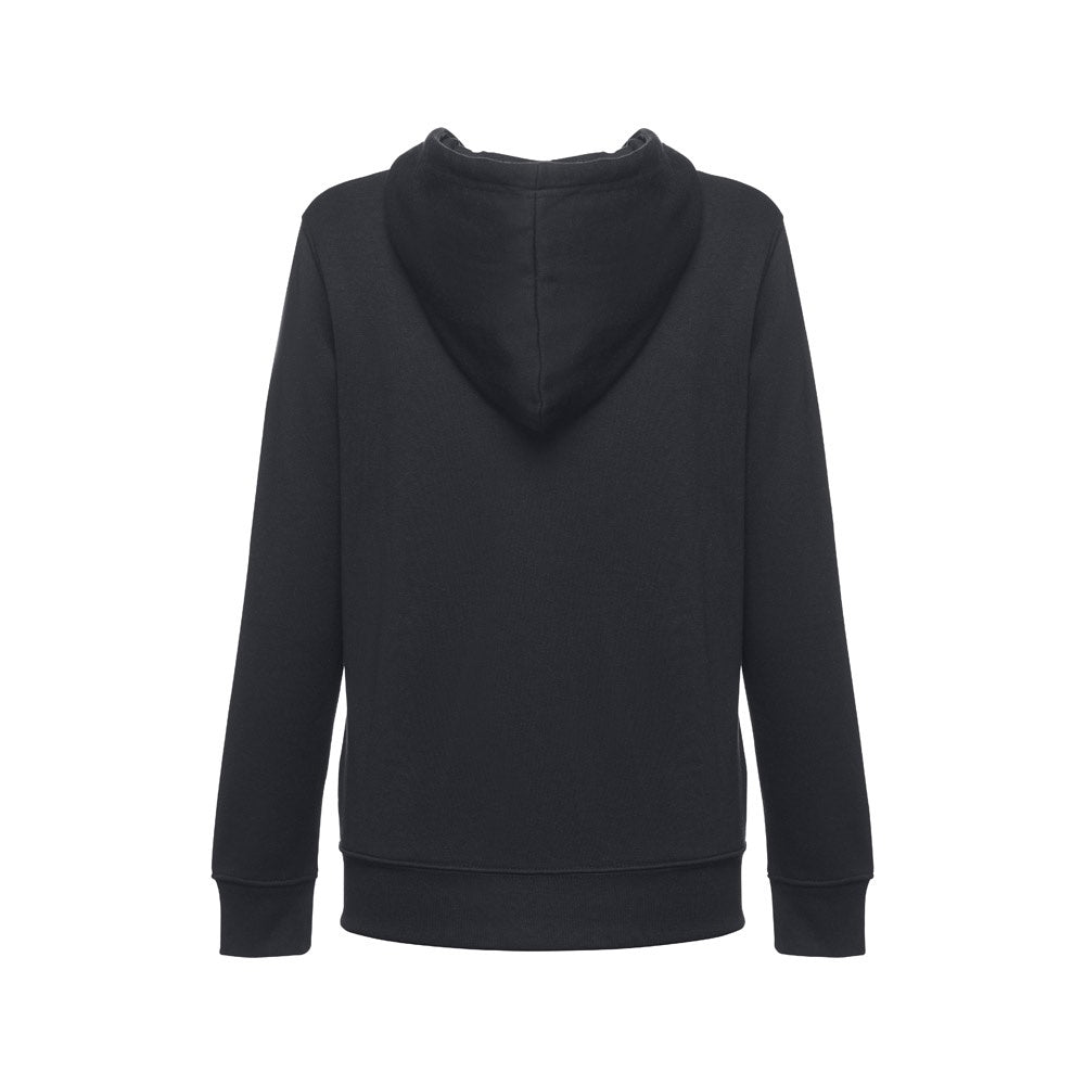 THC AMSTERDAM WOMEN promotional hoodie in black (detail view) with custom logo branding