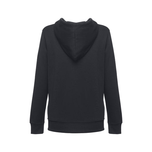 THC AMSTERDAM WOMEN promotional hoodie in black (detail view) with custom logo branding
