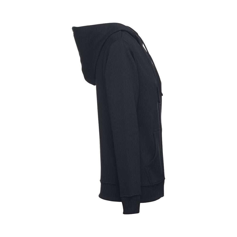 THC AMSTERDAM WOMEN promotional hoodie in black (detail view) with custom logo branding