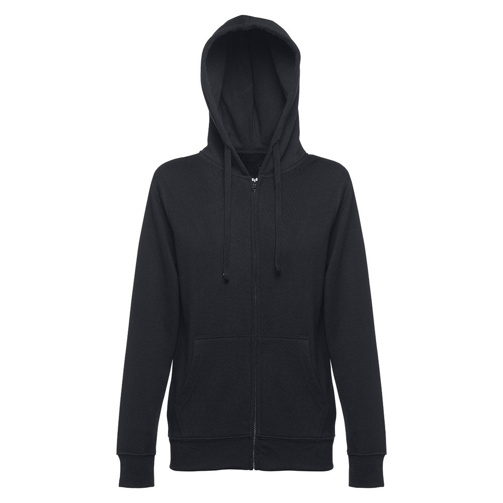 THC AMSTERDAM WOMEN promotional hoodie in black (detail view) with custom logo branding
